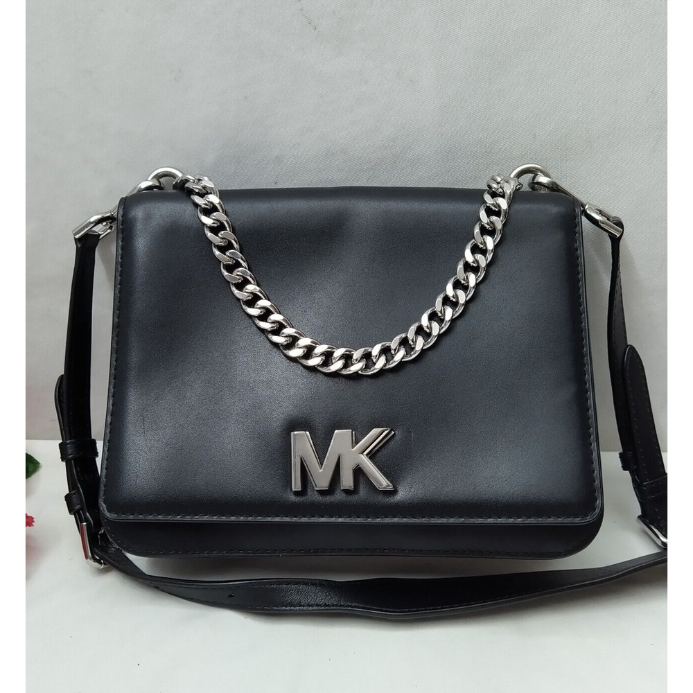 Michael Kors Mott Black Leather Chain Strap Turnlock Flap Closure Crossbody Bag